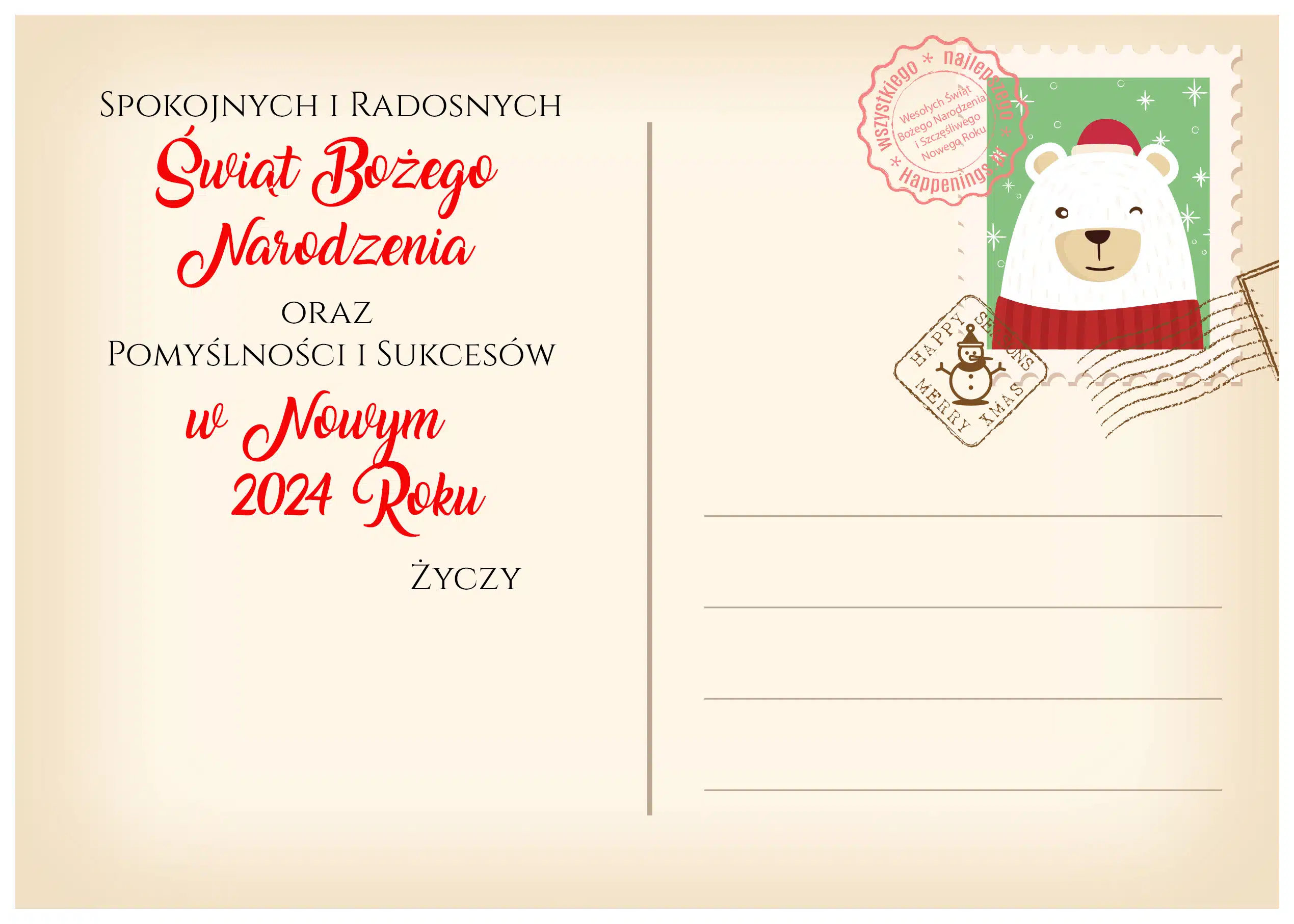 Kartka świąteczna w formie pocztówki czerwony mikołaj z misiem
