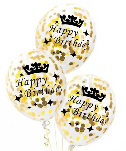 Balony Ze Złotym Konfetti Napis Happy Birthday