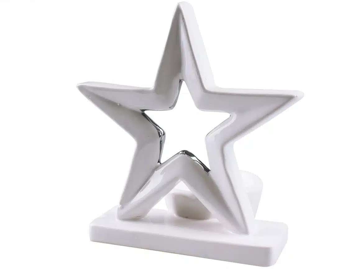 Ceramiczny świecznik w kształcie gwiazdy biało-srebrny