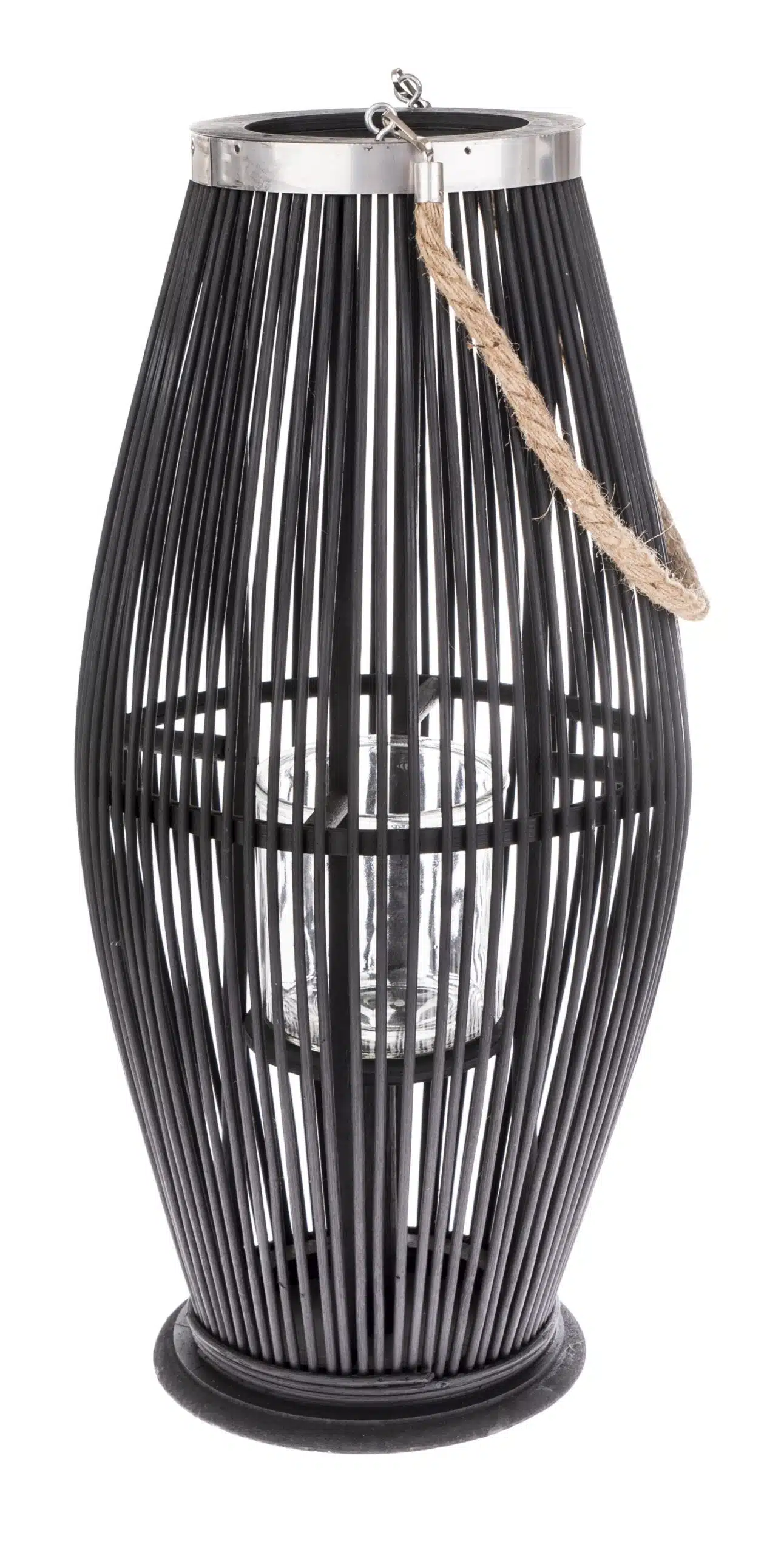 Lampion Bambusowy Szklany Świecznik Czarny 59cm