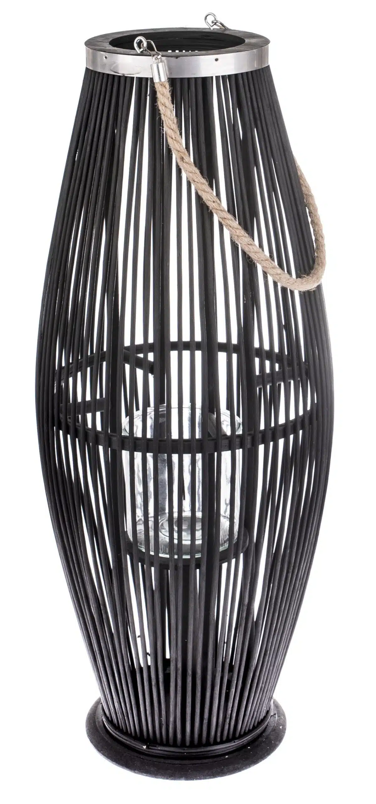 Lampion Bambusowy Szklany Świecznik Czarny 72cm