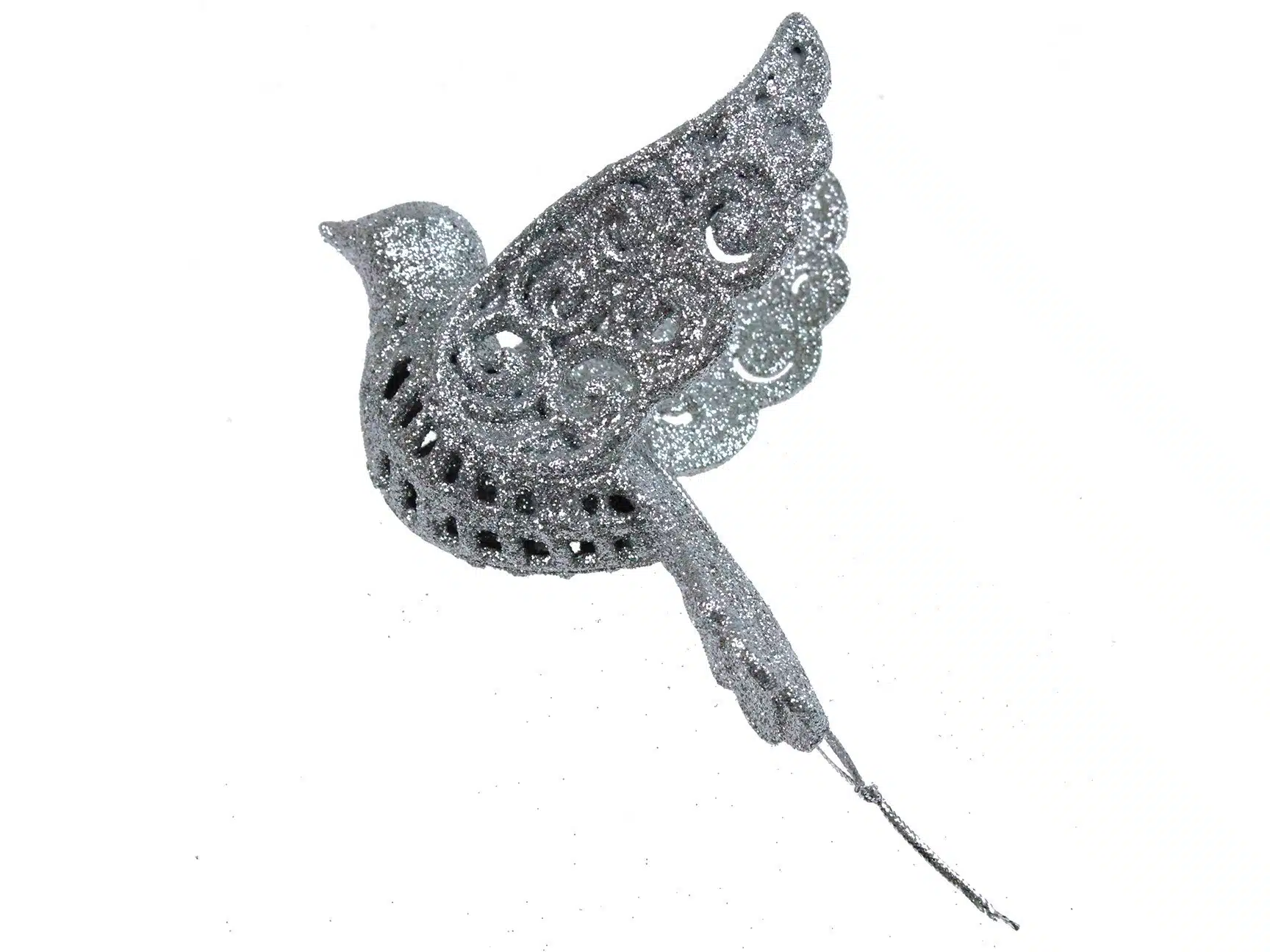 Ptaszek dekoracyjny srebrny na choinkę, ażurowy, 12cm