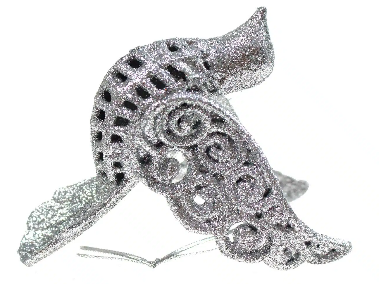 Ptaszek dekoracyjny srebrny na choinkę, ażurowy, 12cm