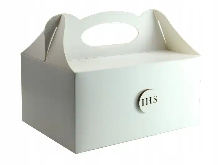 Pudełko na ciasto, Drewniany emblemat IHS Biały