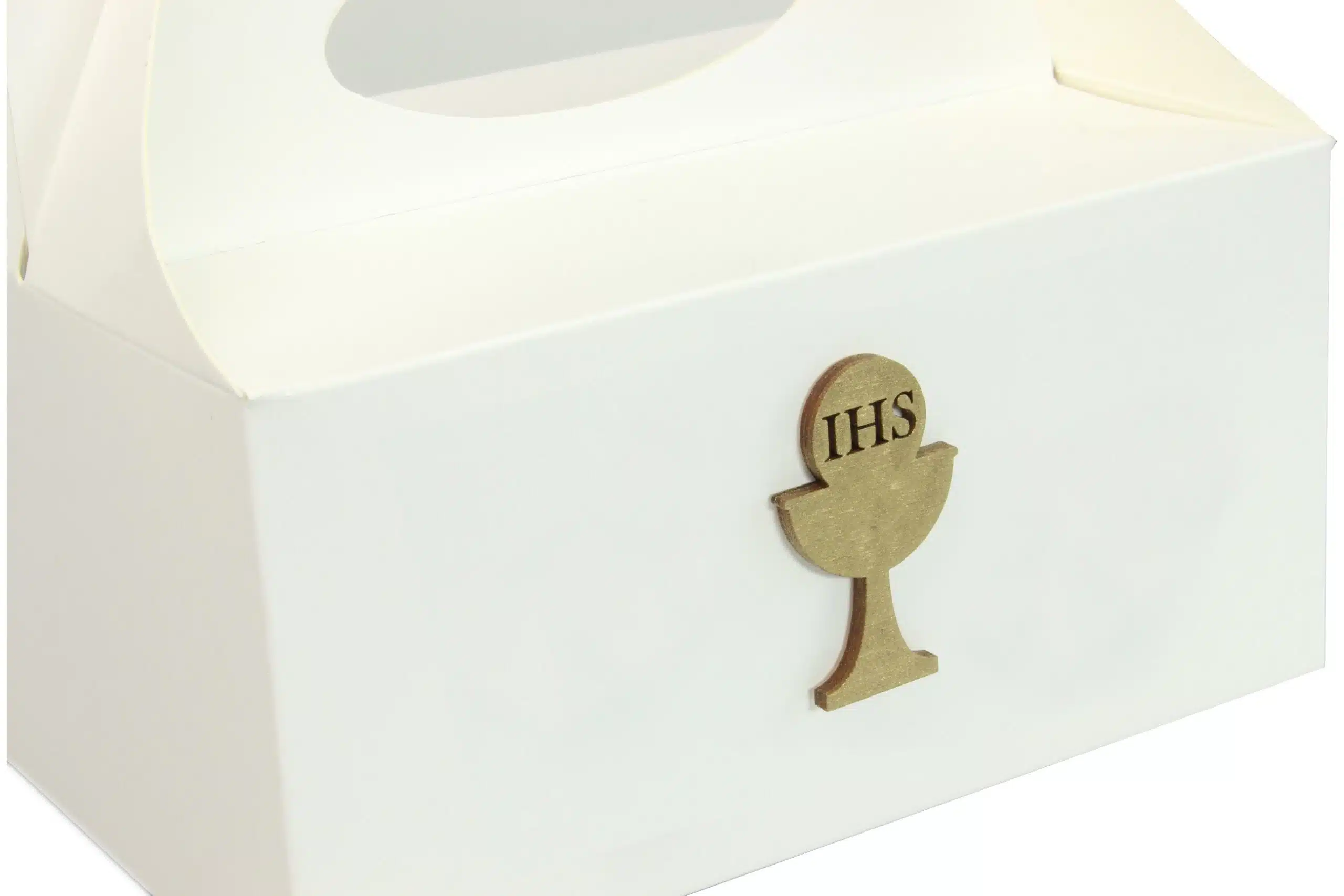 Pudełko na ciasto, Drewniany Kielich IHS Złoty