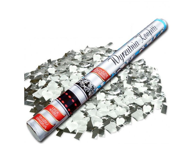 Tuba konfetti 60cm metaliczne srebrne konfetti + białe serca