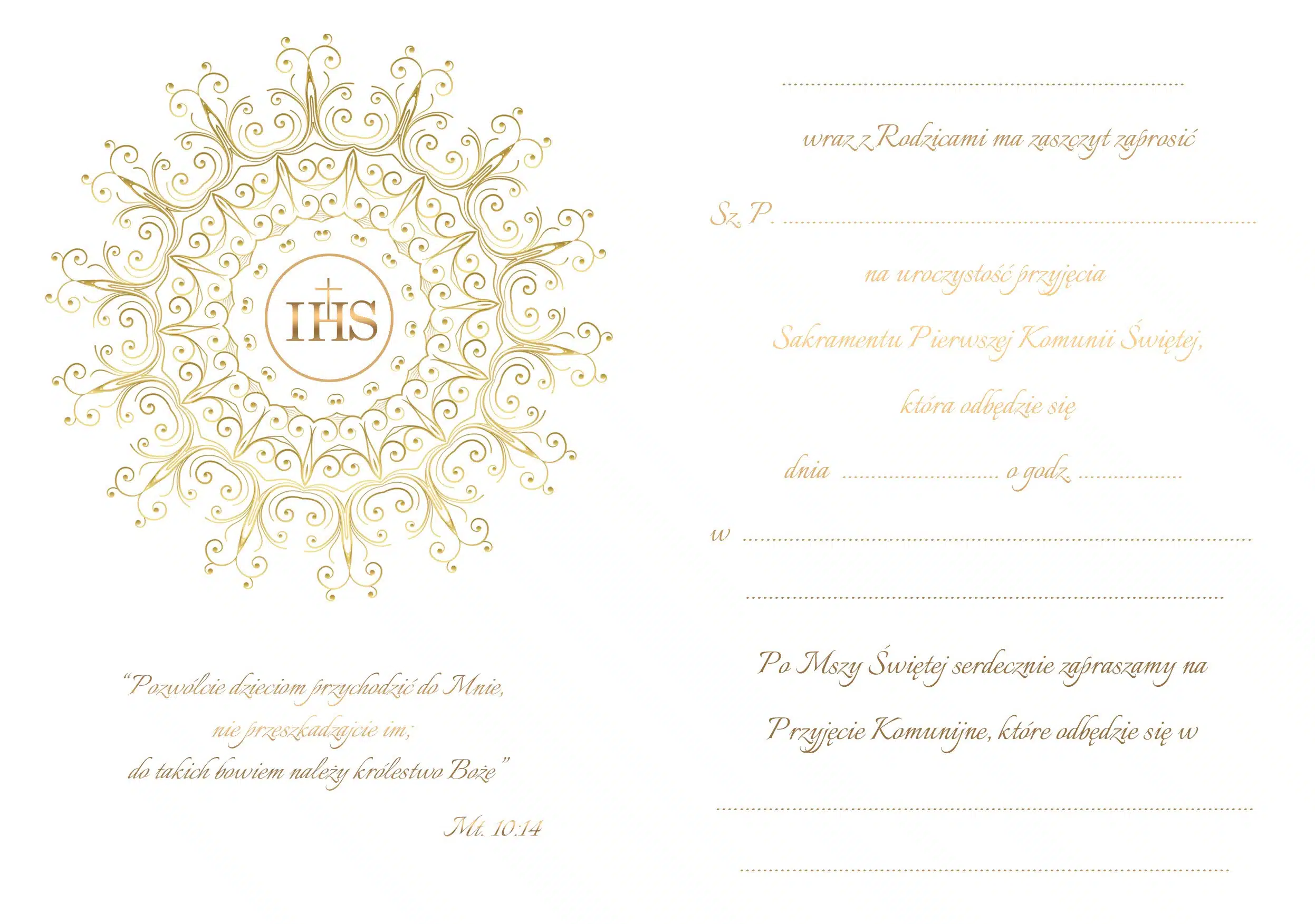 Zaproszenie Komunia Święta Złote IHS
