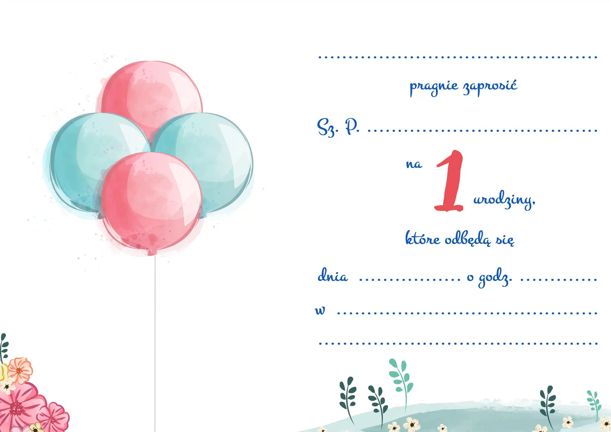 Zaproszenie na roczek Dziewczynka z balonikami 
