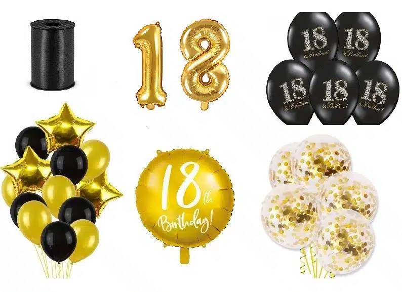 Zestaw z balonami na 18 urodziny, Czarno Złoty