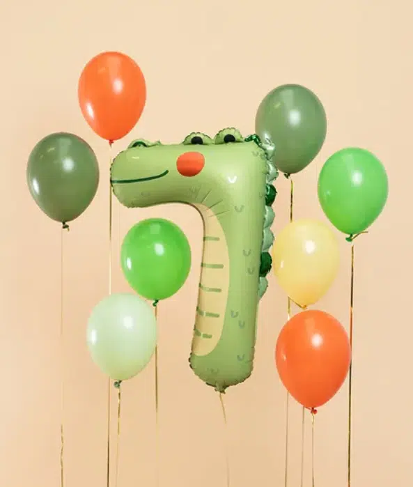 Balon w kształcie krokodyla cyfra 7 zielony na hel