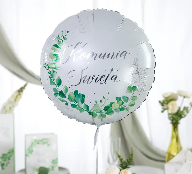 Balon foliowy okrągły ze srebrnym napisem i zielonymi listkami rozmiar ok.45cm